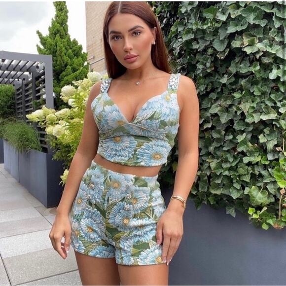 Zara Blue High Waist Shorts Set Size Small NWOT - Picture 3 of 9